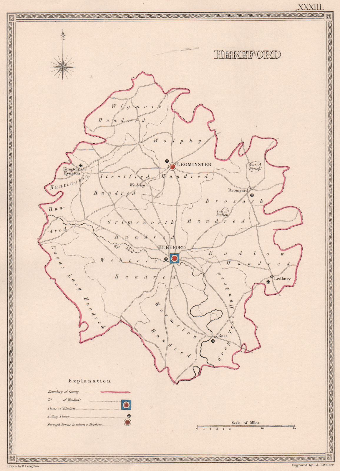 HEREFORDSHIRE antique county map by CREIGHTON/WALKER. Electoral 1835 old